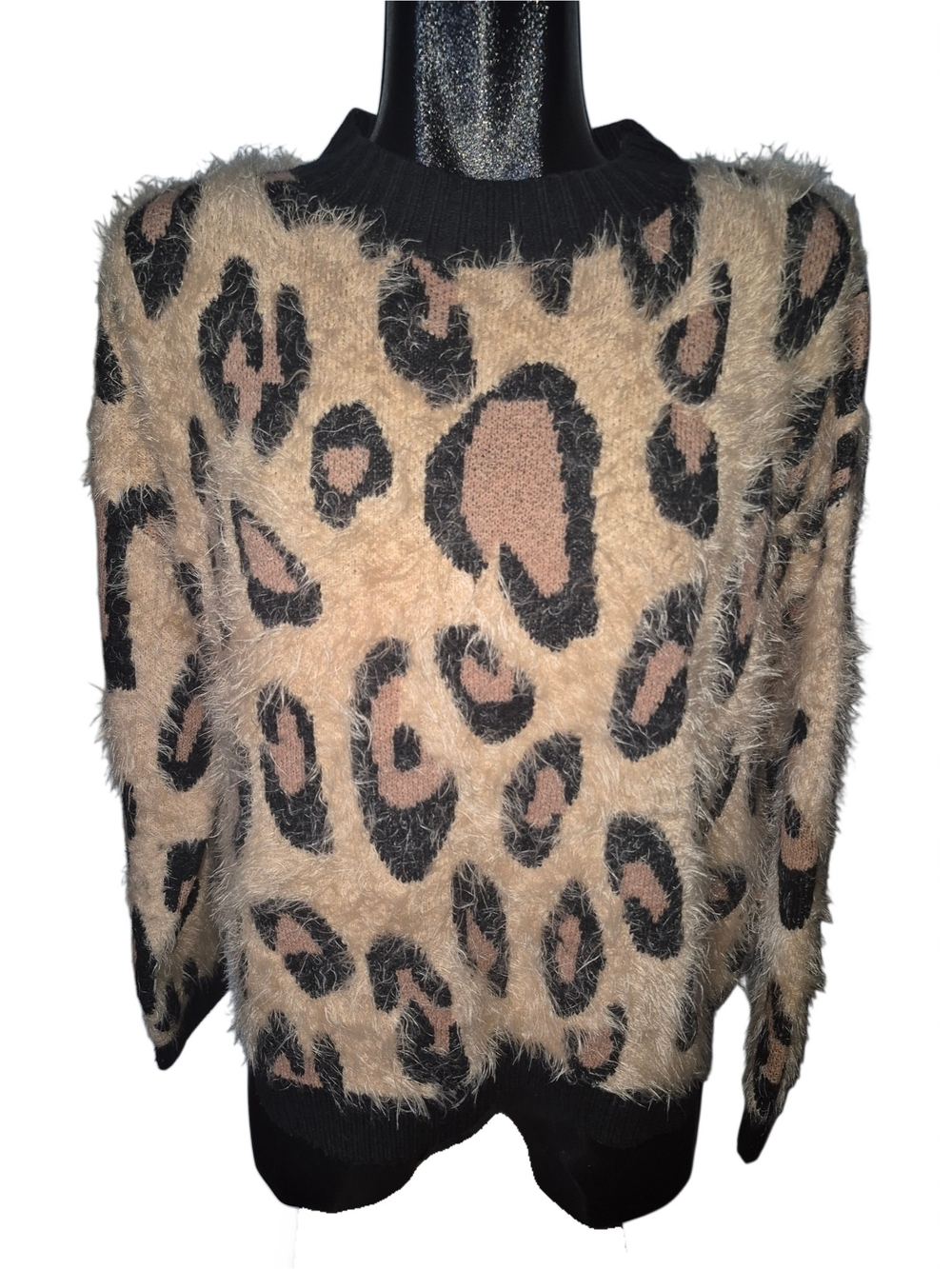 MINKPINK Peach And Black Fuzzy Knit Leopard Print Crewneck Sweater Size S